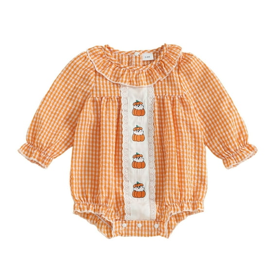 Staki Long Sleeve Smocked Romper Halloween Baby Romper Long Sleeve Striped Embroidered Bodysuit Crew Neck Fall Outfit for Girls(Orange,0-3 Months)