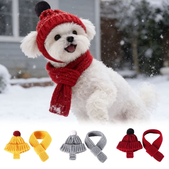 WD-Forest Red Knitted Dog Hat & Scarf Set Winter Warm Pet Clothes with Ear Holes for Small Dogs Cats S