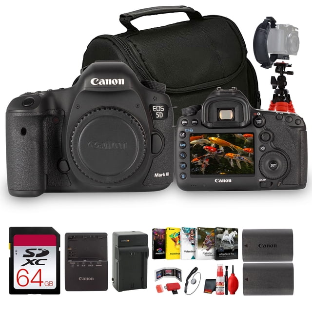 Canon EOS 5D Mark III DSLR Camera Body (5260B002), 22.3MP Full-Frame, 61-Point AF, Dual Card Slots + 64GB Memory Card, Camera Bag & Photo Software Bundle (International Model)