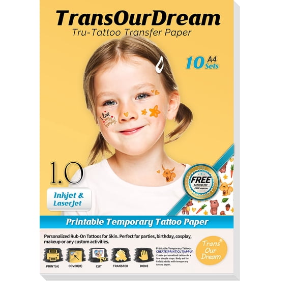TransOurDream Printable Temporary Tattoo Paper (10 Sheets, A4) Printable Realistic Tattoos for Inkjet & Laserjet Printers, DIY Personalized Waterslide Decal onto Skin, Thigh Tattoo(TA1-10)
