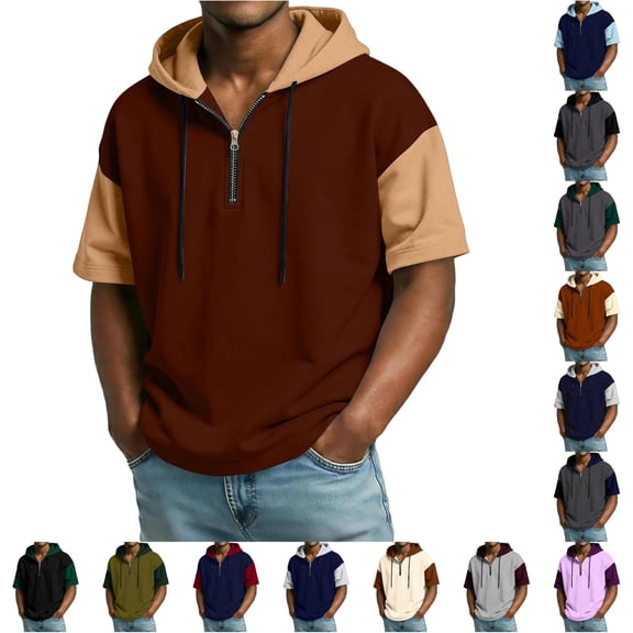 LIIPEE Summer Short Sleeve Tees For Men Color Block Hooded Half Zip Athletic T Shirts Male Comfortable Breathable Versatile Tshirt,M