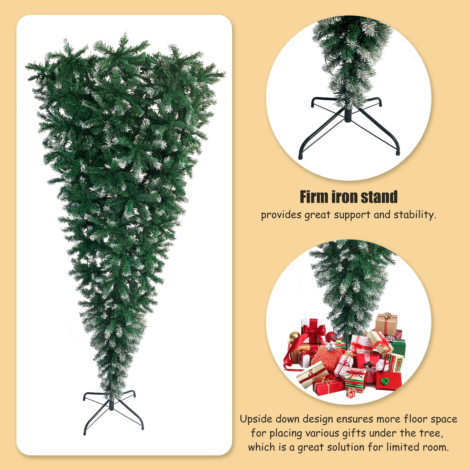 Kadyn Upside Down Green Christmas Tree, Xmas Tree with LED Warm White Lights, Green leaves with part spraying White, Reinforced Metal Base & Easy Assembly 7.4ft X-mas