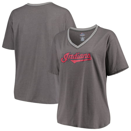 Cleveland Indians Majestic Women's Plus Size Rib V-Neck T-Shirt - Heathered (Best Ribs In Cleveland)