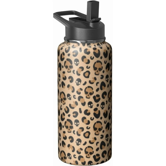 Halloween Water Bottle 32oz Skull Sports Bottles with Lid and Straw Halloween Gifts for Women Men Stainless Steel Leopard Print Cup Tumbler Spooky Gift for Adults