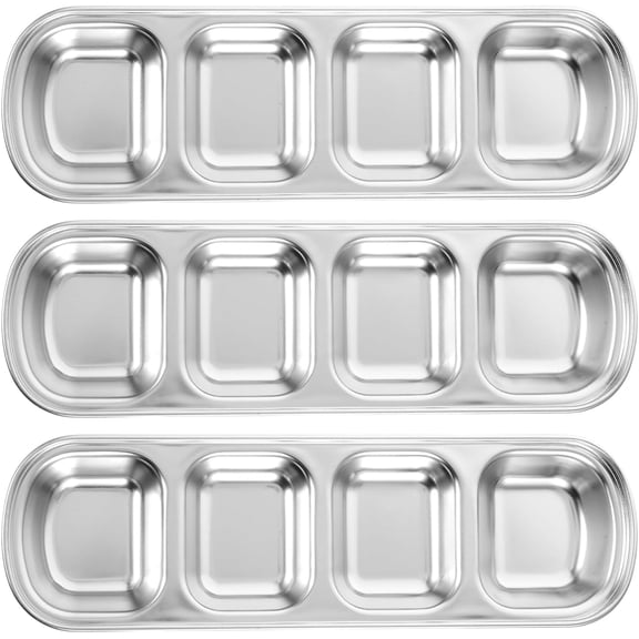 ABCISI 3 Pcs Stainless Steel Dipping Sauce Tray,4 Compartment Appetizer Serving Tray,Condiment Tray Soy Sauce Dishes,Dipping Bowls for Soy Sauce,Ketchup,BBQ Sauce and Seasoning