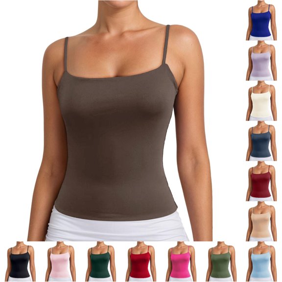 Ticikt Women U Neck Camisole Top, Adjustable Spaghetti Strap Slim Fit Basic Tank Top,Coffee