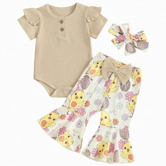 Kids Girls Easter Outfit Toddler Baby Summer Clothing Sets Ruffle Short Sleeve Romper Elastic Waist Flare Pants Set