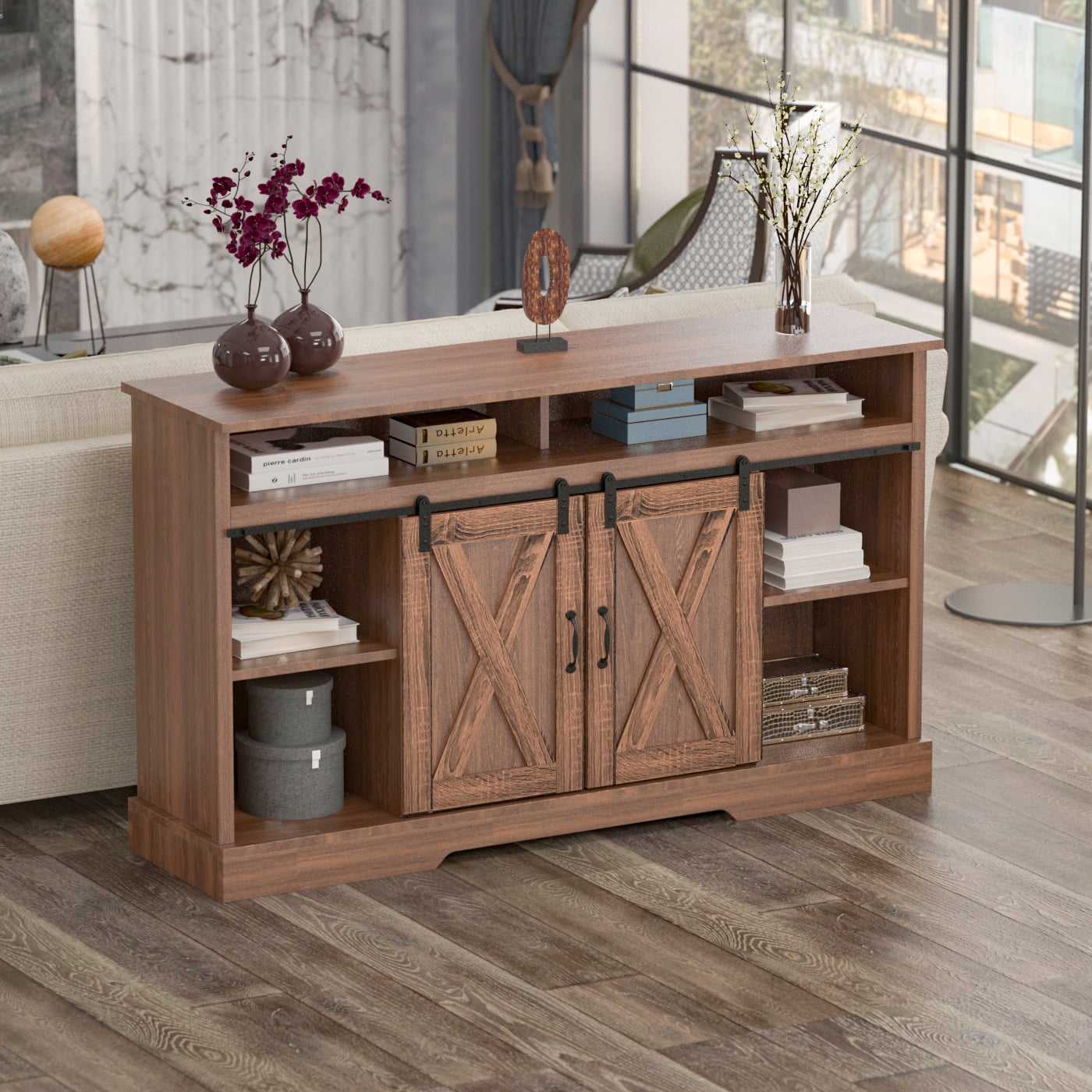 Details about   Espresso TV Stand W/Sliding Barn Door Console Table Storage For TVs Up To 60" 