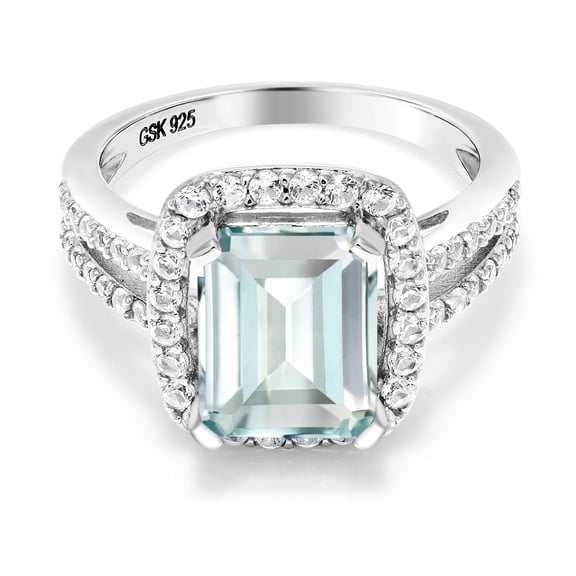 Gem Stone King 3.68 Cttw Sky Blue Simulated Aquamarine Engagement Ring for Women | 925 Sterling Silver | Emerald Cut 10X8MM | Wedding Engagement Anniversary Promise Ring for Women | Size 5