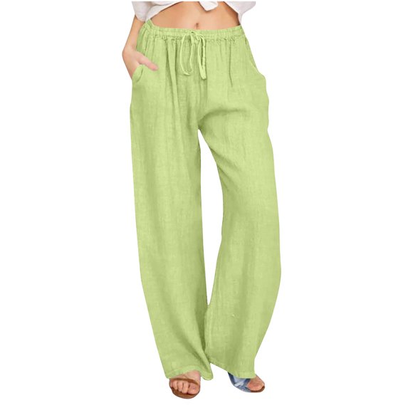 Timegard Cotton Linen Pants for Women Elastic Waist Drawstring Fall Travel Casual Pants with Pockets
