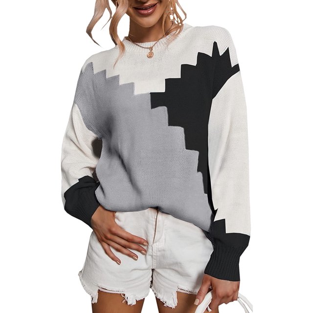 Women Sweaters-Oversized Chunky Knit Color Block Drop Shoulder Batwing Sleeve Pullover Sweater Tops