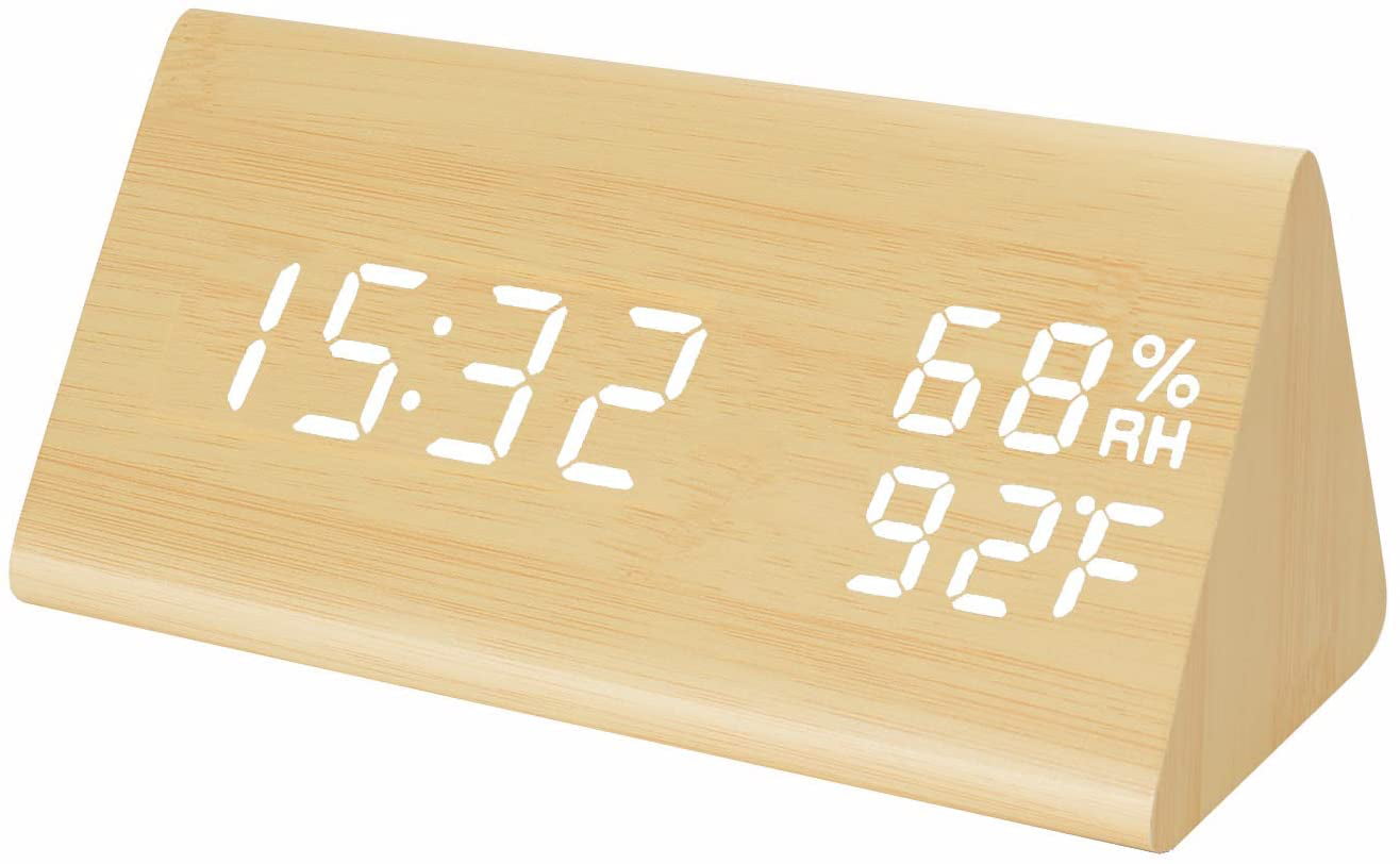 Wooden Alarm Clock LED Digital Time Temperature Humidity Display Voice Control 