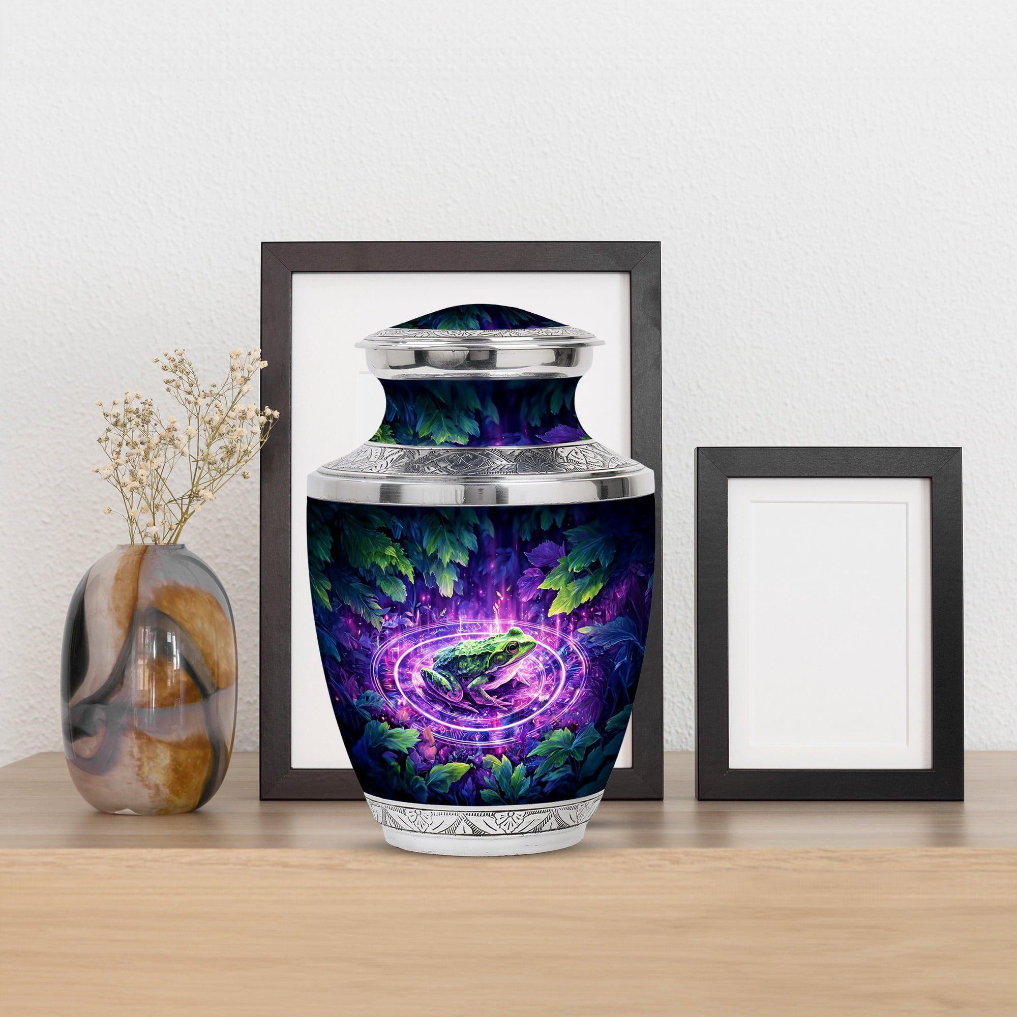 MUKTIVE Frog Memorial Urn for Human Ashes for Adult Cremation, Decorative Blue Urns for Mom Burial, Large Unique Green leaves Urns for Funeral, Cremation Urn for Men, 10 Inch