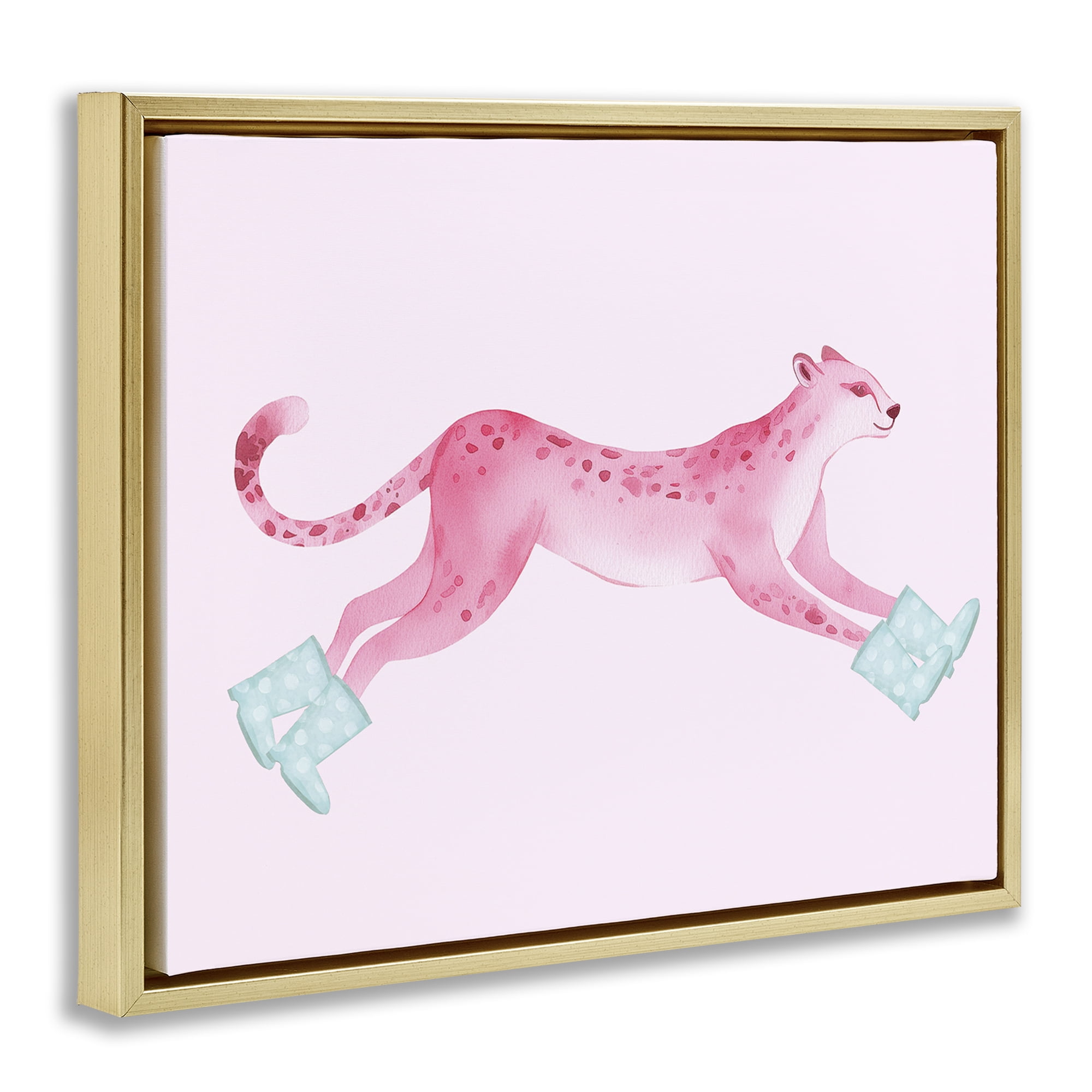 Stupell Industries Running Leopard in Boots Animals Painting Gold Floater Framed Canvas Art Print Wall Art, 31 x 25