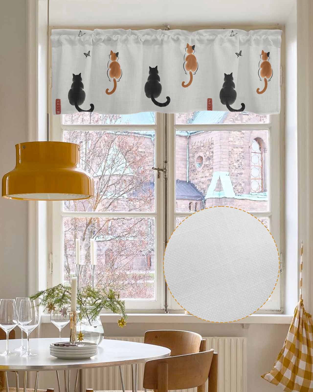 Japanese Cute Cat Kitchen Valances for Windows Farmhouse Linen Window Valance Curtain for Living Room Window Treatment Harmony Animal Butterfly Ink Valance Rod Pocket Topper Drape, 42 x 12 Inch