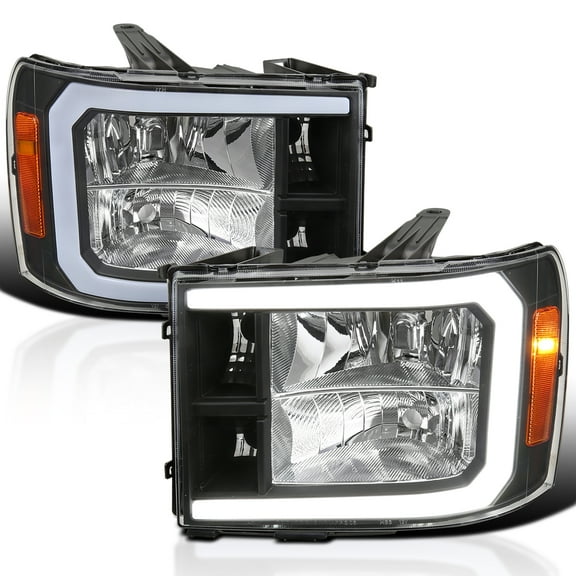 Spec-D Tuning Black Headlights w/ LED Bar Compatible with 2007-2013 GMC Sierra 1500, 2500HD, 3500HD, Left Right Pair Headlamp Assembly