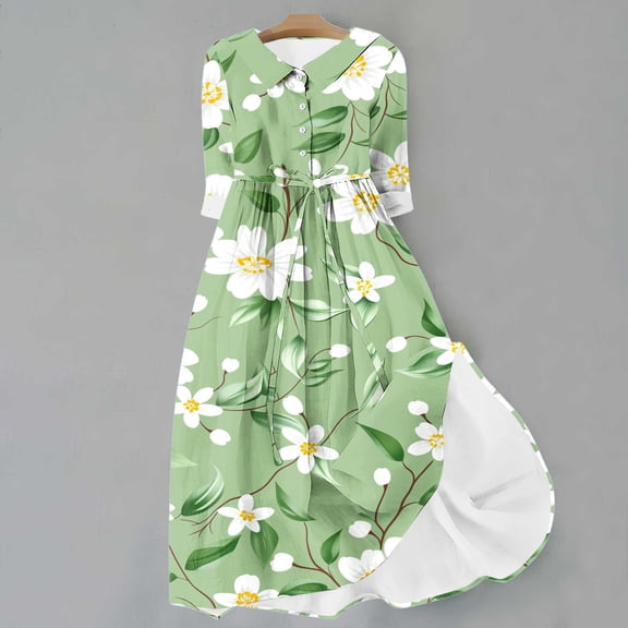 WFJCJPAF 2025 New Product Autumn Dresses for Women under $10 Black,Women's Summer Printed Fashion Three-quarter Sleeve Turndown Collar Dress - Army Green M