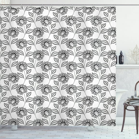 Oriental Shower Curtain, Monochrome Outline Inspired Flowers with Leaves Traditional Doodle, Fabric Bathroom Set with Hooks, 69W X 84L Inches Extra Long, Charcoal Grey White, by Ambesonne