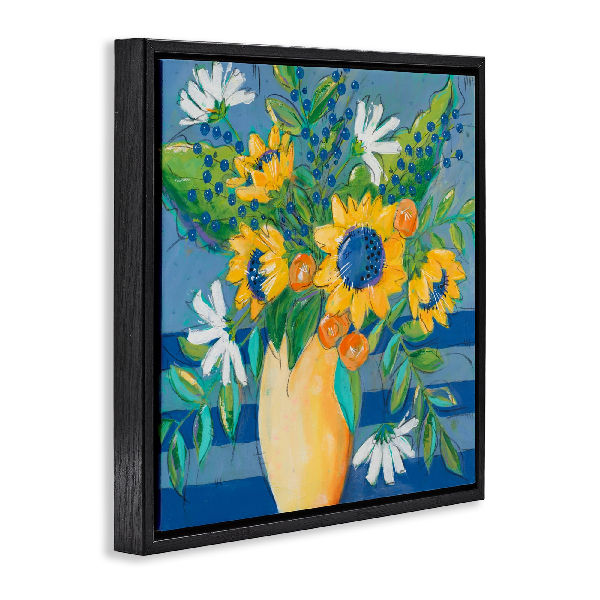Stupell Industries Floral Bursts Among The Blue Black Framed Floater Canvas Wall Art, design by Krinlox