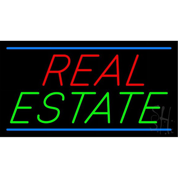 Red Real Estate Blue Border LED Neon Sign 20 x 37 - inches, Black Square Cut Acrylic Backing, with Dimmer - Bright and Premium built indoor LED Neon Sign for office, and stroefront
