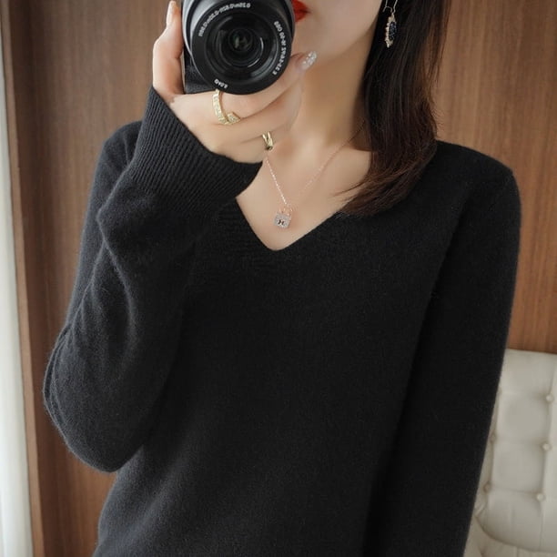 Suéter elegante y sencillo con cuello en V para mujer, camisa adelgazante de corte entallado, jersey de color liso, manga larga, tejido para otoño e invierno