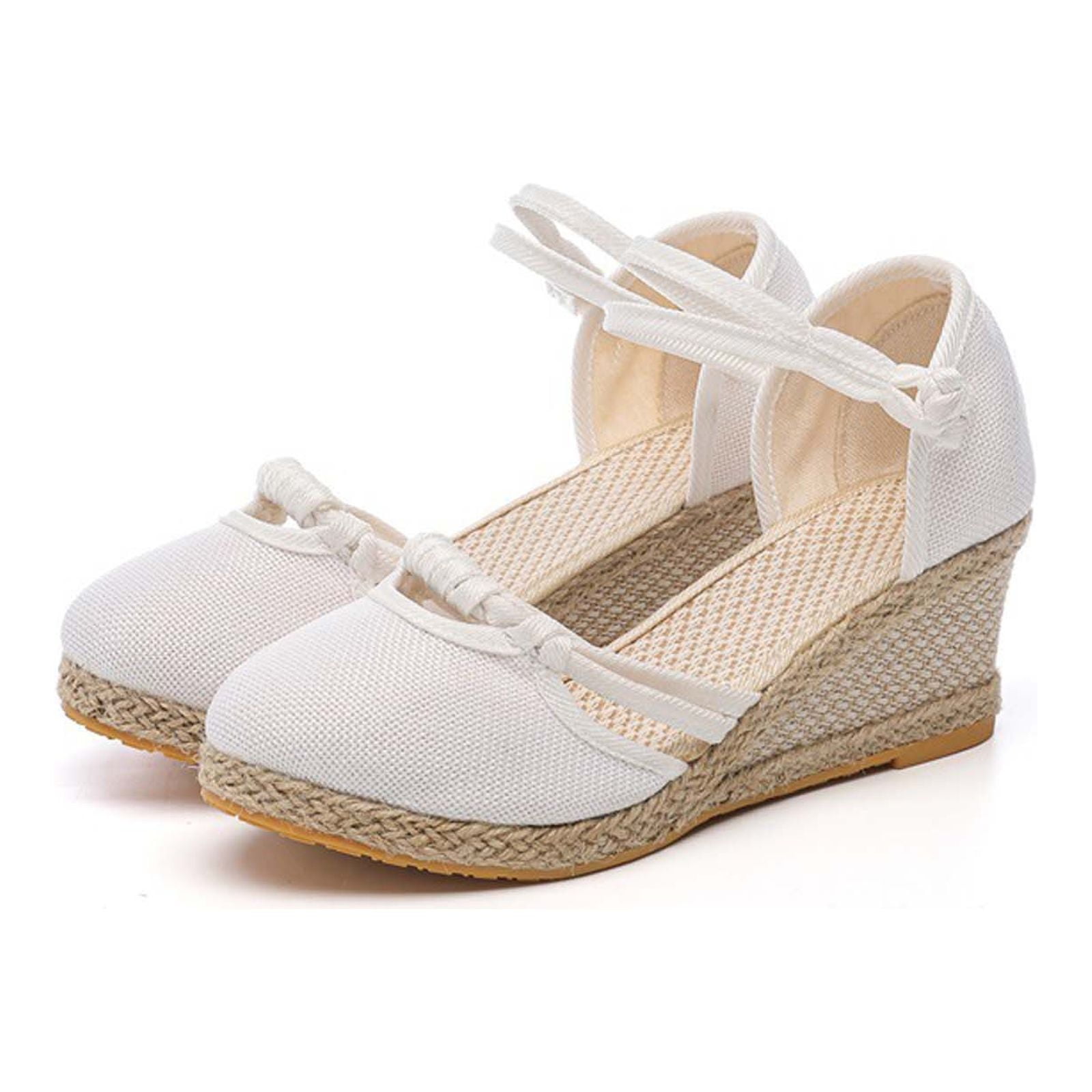 Womens Sandals High Heeled Wedges Espadrilles Weave Flax Close