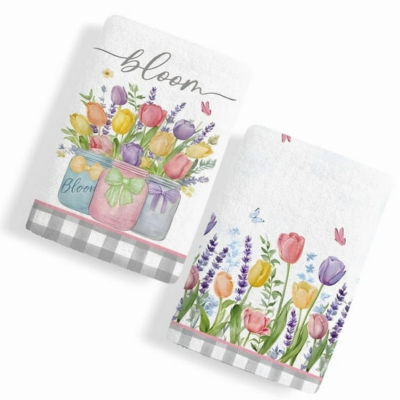 Set of 2 Buffalo Plaid Tulip Towels Kitchen Towels 27x19 Inch,Spring Summer Hand Towels with Floral printing for Home Party Decor