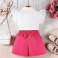 thumbnail image 4 of IFNWSV Girls 2 Piece Outfits Set Toddler Solid Color Lapel Lace Flutter Sleeve Top Casual with Irregular Skirt Pants Hot Pink 7-8 Years, 4 of 6