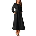 thumbnail image 4 of Vestido midi A-line con cuello redondo, mangas largas y volantes, con bolsillos, negro, talla S para mujeres Inspire Chic, 4 of 5