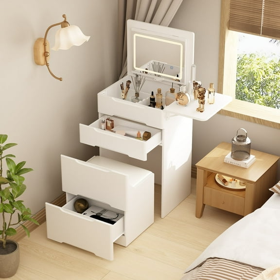 Oxylife Vanity Desk with Flip Top Mirror and LED Lights, Small Makeup Vanity Set with Glass Shelf, Space Saving Dressing Table with 3 Drawers & Cushion Stool for Bedroom, White