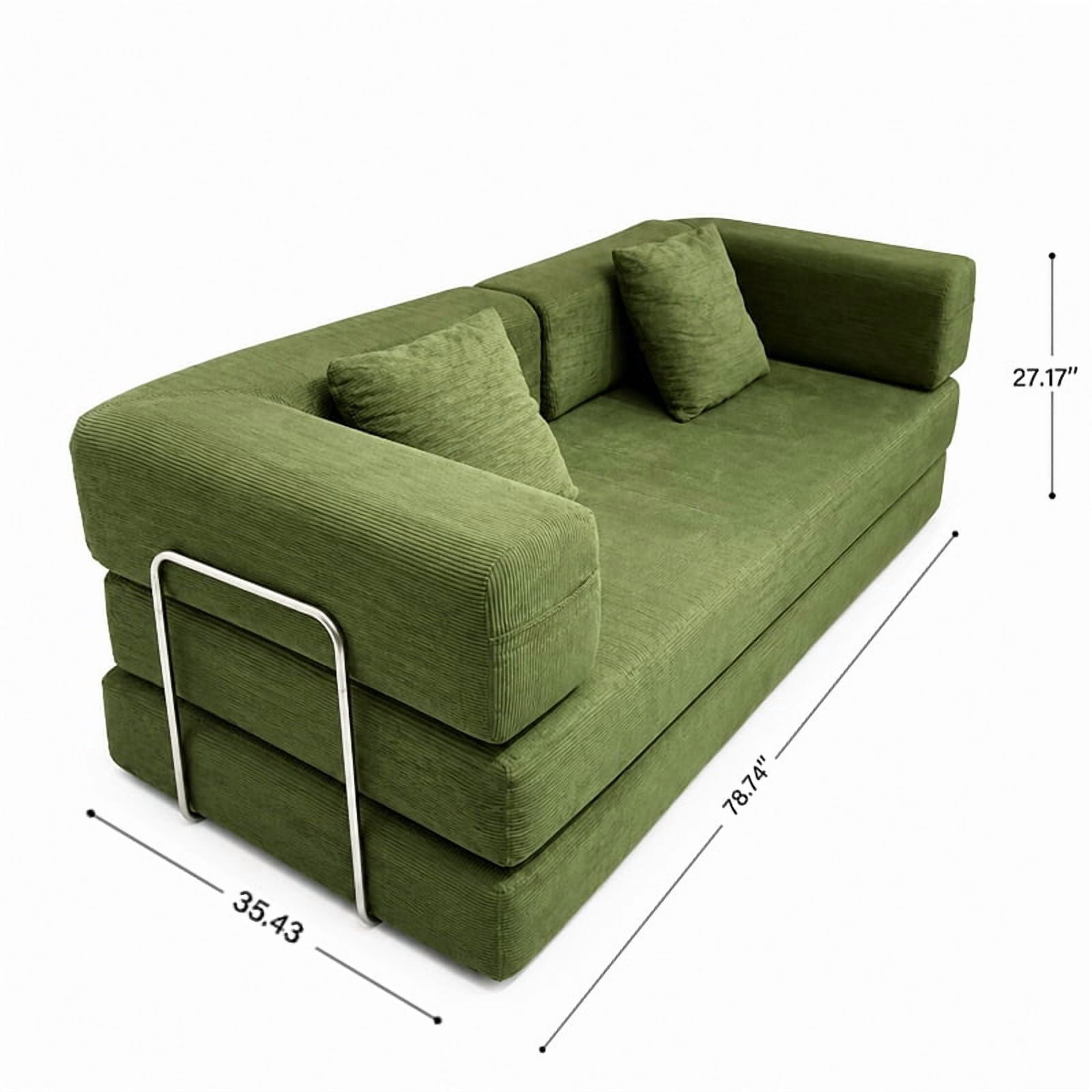 Garitin Sofa Bed and Convertible Floor Sofa 78.74 Inch, Corduroy Fabric Couch with Double Pillows for Living Room Bedroom, Green