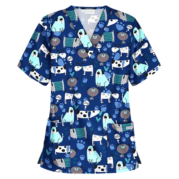 Puntoco Blusa de manga corta con cuello en V para mujer, uniforme de trabajo, blusa de Acción de Gracias de Navidad Puntoco Puntoco-5345
