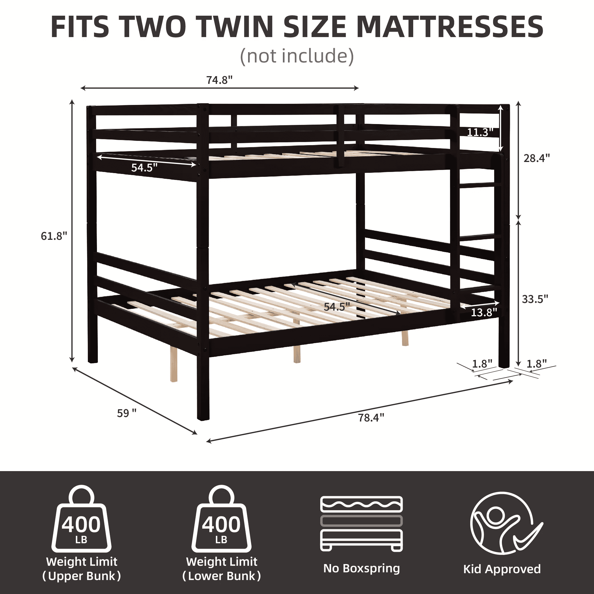 MAYEERTY Full over Full Bunk Bed with Ladder, Wooden Bed Frame with High Guardrail and Ladder for Kids, No Box Spring Needed, Espresso