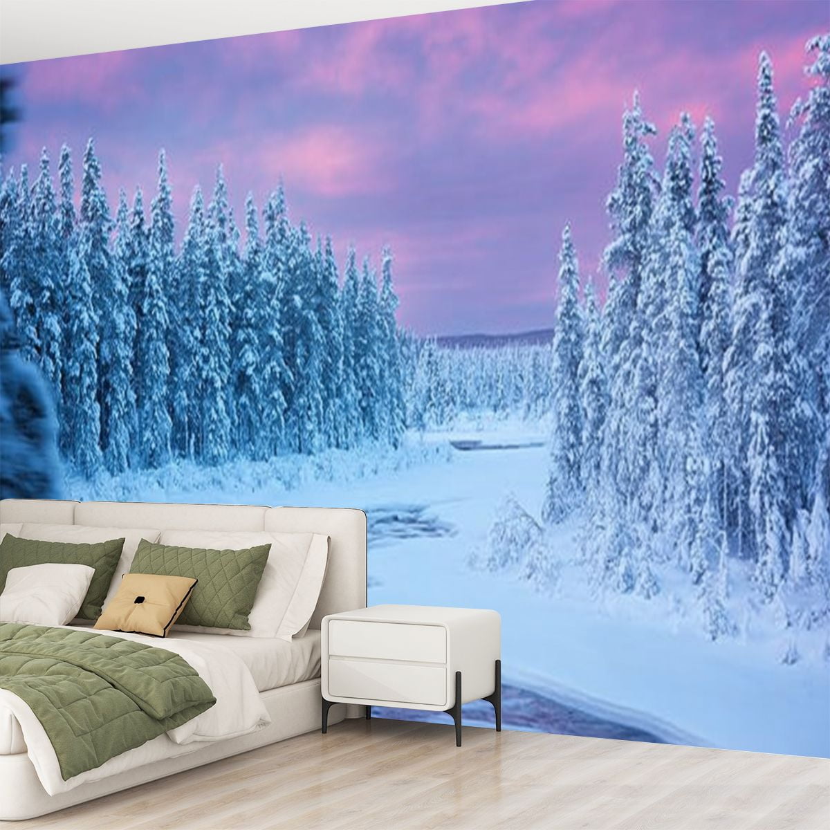 Peel and Stick Wallpaper Sunrise river rapids winter landscape Finnish Lapland Modern Art Wall Mural Decor Self Adhesive and Removable 69in x 98in