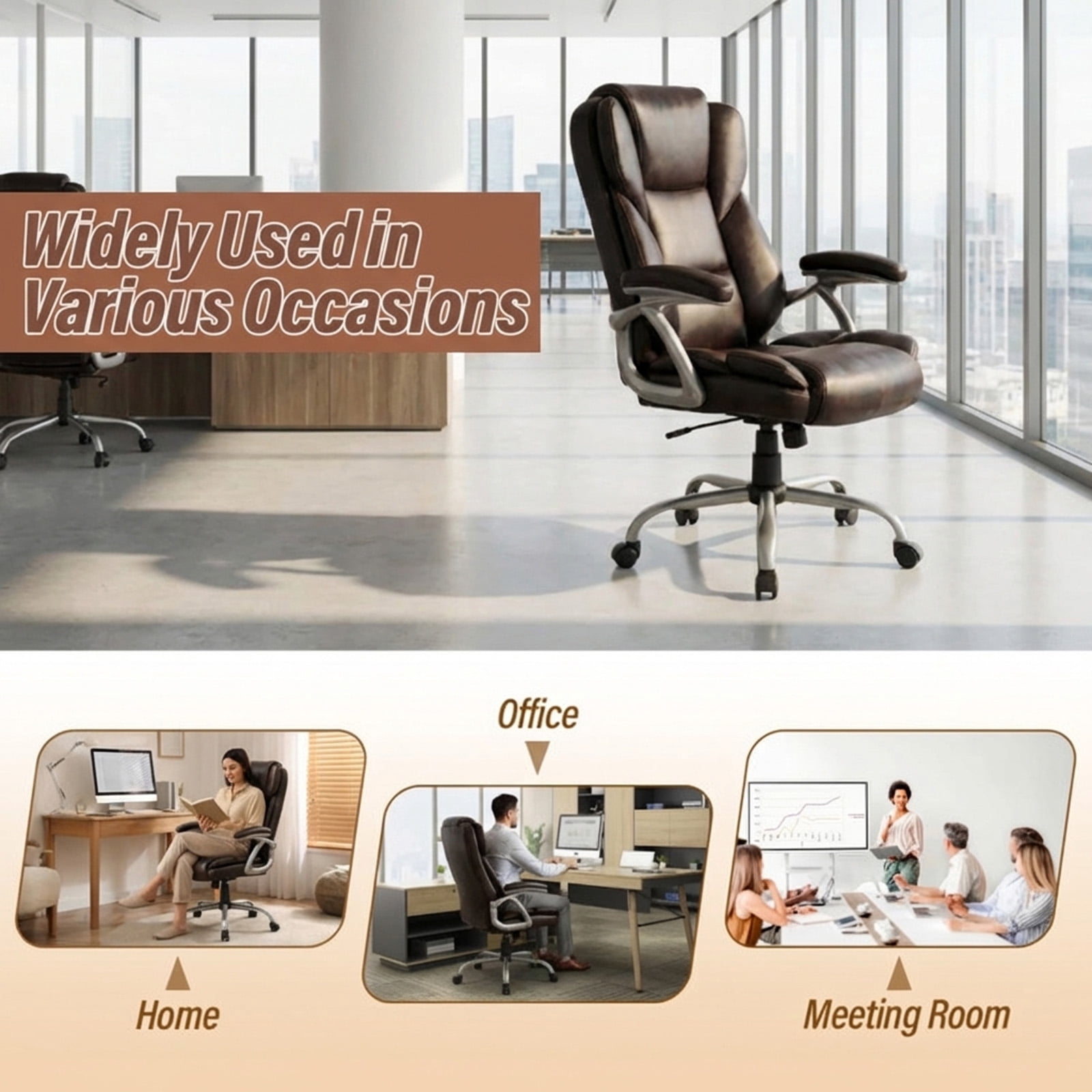 Furnibear Executive Office Chair High Back Leather Ergonomic with Padded Armrests Lumbar Support Swivel Task Chair for Home Office, Brown