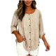thumbnail image 3 of Camiseta de Lino de Color Sólido Casual de Manga Larga de las Mujeres con Botones Decorativos Y Cuello Redondo, Acento a Rayas para el Uso Diario de Primavera, Túnica de Moda, 3 of 8