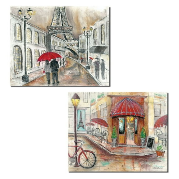 Popular Paris Stroll and Cafe with Eiffel Tower; Two 14x11in Poster Prints