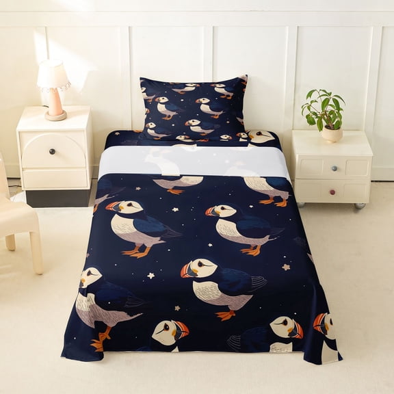 jejeloiu Night Sky Puffin Design Twin Sheets,Navy Starry Accent Bedding For Boys,Dark Blue,3-Piece,1 Fitted Sheet and 1 Pillowcase