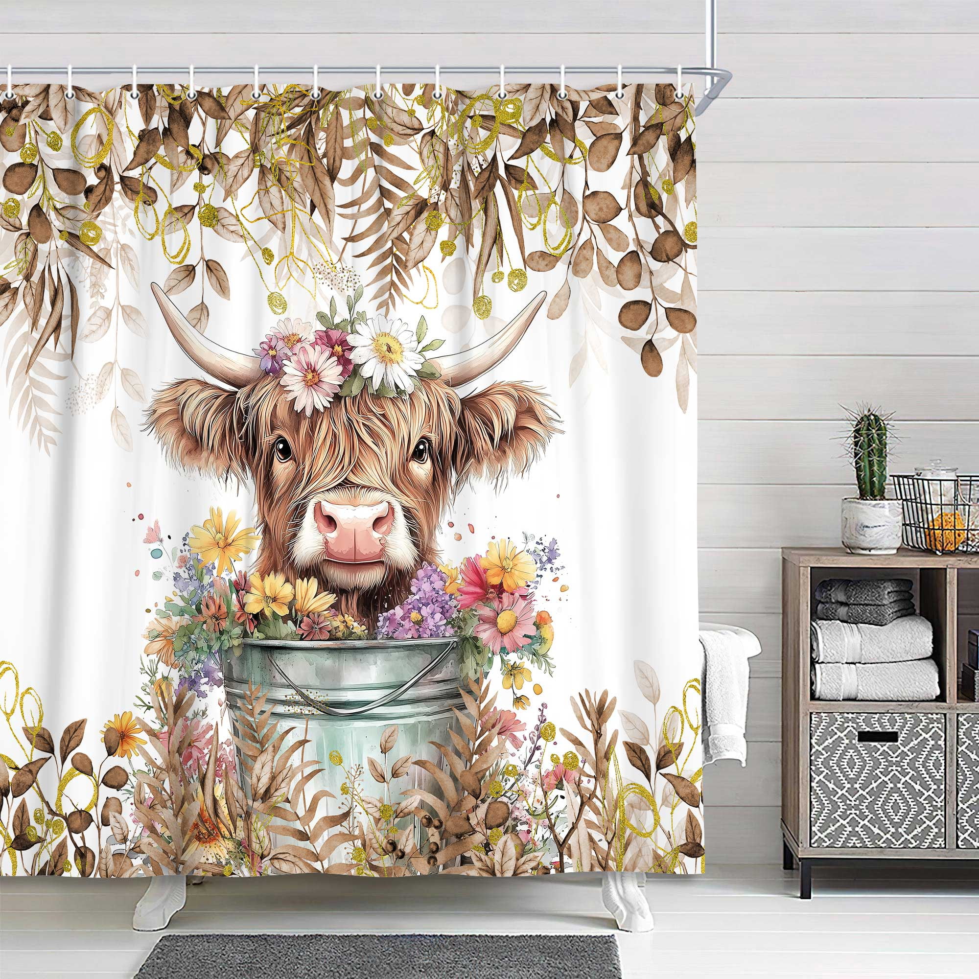 Brown Shower Curtain, Watercolor Plant Eucalyptus Leaves with Floral Farmhouse Highland Cow Bath Curtain, Funny Animals Bathroom Accessories Botanical for Bathroom Curtain Set with Hooks, 72X72in