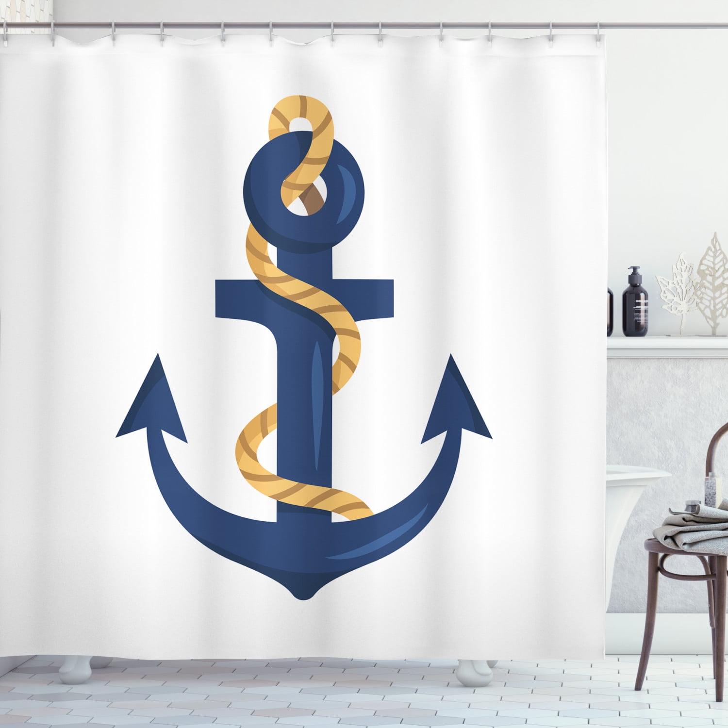 Navy White Shower Curtain, Nautical Themed Graphic of Cartoon Dark Sky Blue  Colored Anchor with Rope, Fabric Bathroom Set with Hooks, 69W X 70L Inches,  White Multicolor, by Ambesonne - Walmart.com