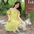 Original fabric practice offshoulder sweet green dress summer 2024 new