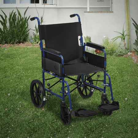 Magshion Folding Transport WheelChair, Foldable Rollator Chair with Swing-Away Footrests, Flip Back Backrest and Parking Brake for Adults, Disabled, 300lbs Weight Capacity, Blue