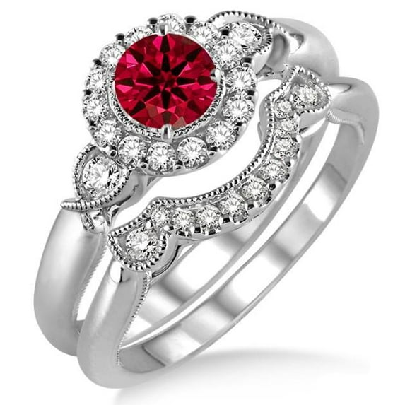 2 Carat Red Ruby Round Cut Antique Moissanite Diamond Flower Halo Bridal Set on 10k White Gold