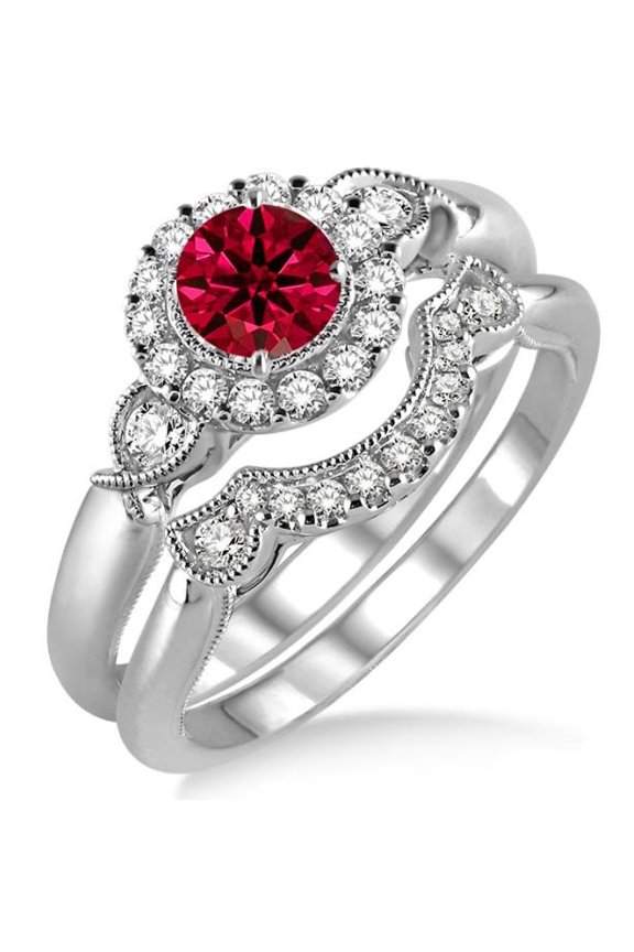2 Carat Red Ruby Round Cut Antique Moissanite Diamond Flower Halo Bridal Set on 10k White Gold