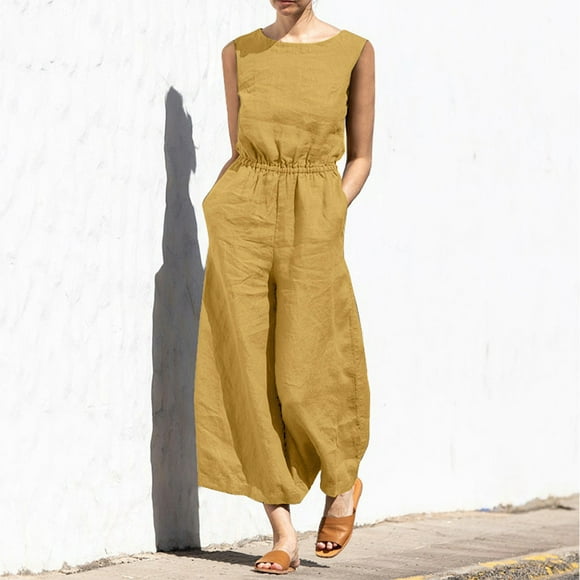 Leodye Women's Casual Sleeveless Round Neck One Piece Jumpsuits Workout Loose and Wide Legs Onesie Yellow 16(XXXXL)