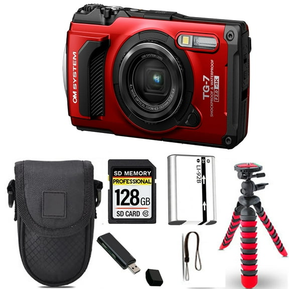 Olympus OM SYSTEM Tough TG-7 Digital Camera (Red)  Spider Tripod   Case - 128GB Kit (International Version)