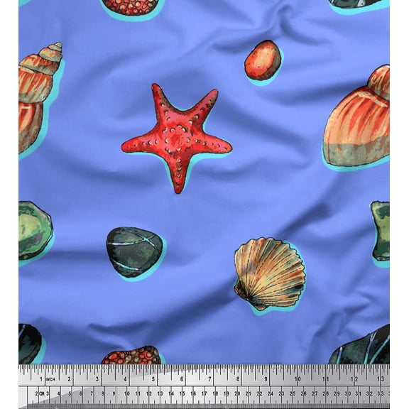 Soimoi Blue polyester Crepe Fabric Gemstone,Seashell & Starfish Ocean Printed Fabric 1 Yard 52 Inch Wide