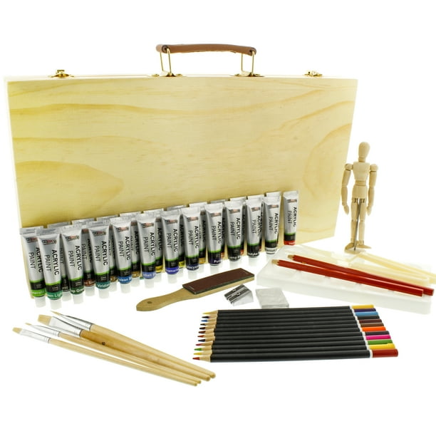 US Art Supply 50 Piece Acrylic Painting Set with Wooden Artist Storage