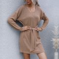 thumbnail image 4 of Vestido De Suéter De Punto, Vestido De Suéter De Mujer De Otoño Con Cuello En V De Color Puro, Cintura De Corbata De Manga Larga Para El Día A Día ANGGREK Otros, 4 of 7