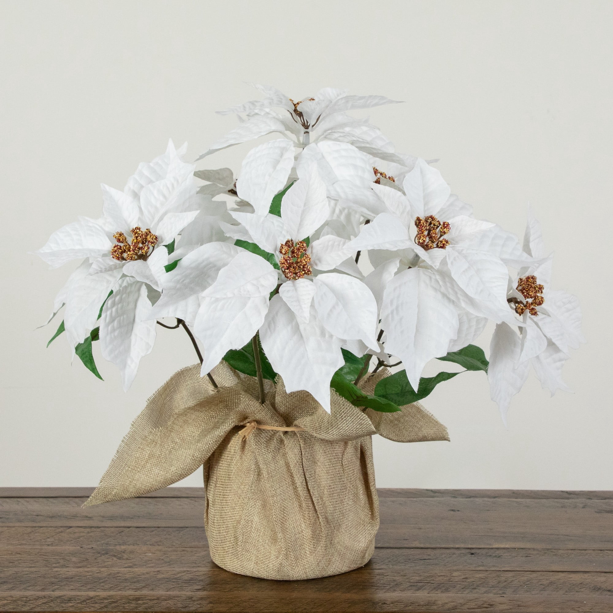 16in. Artificial Poinsettia Arrangement in Burlap Planter